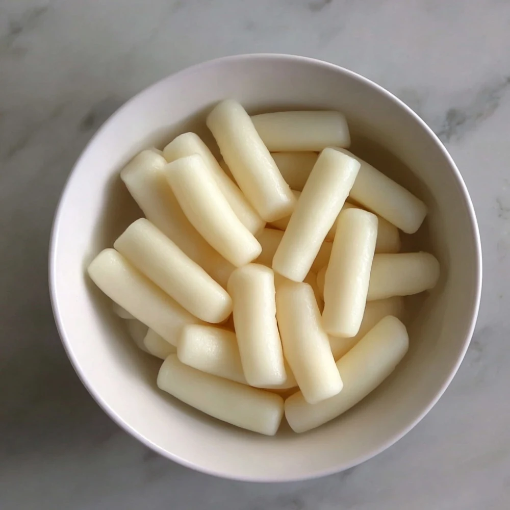 Bowl of plain rice cakes for Tteokbokki Recipe before adding gochujang sauce.