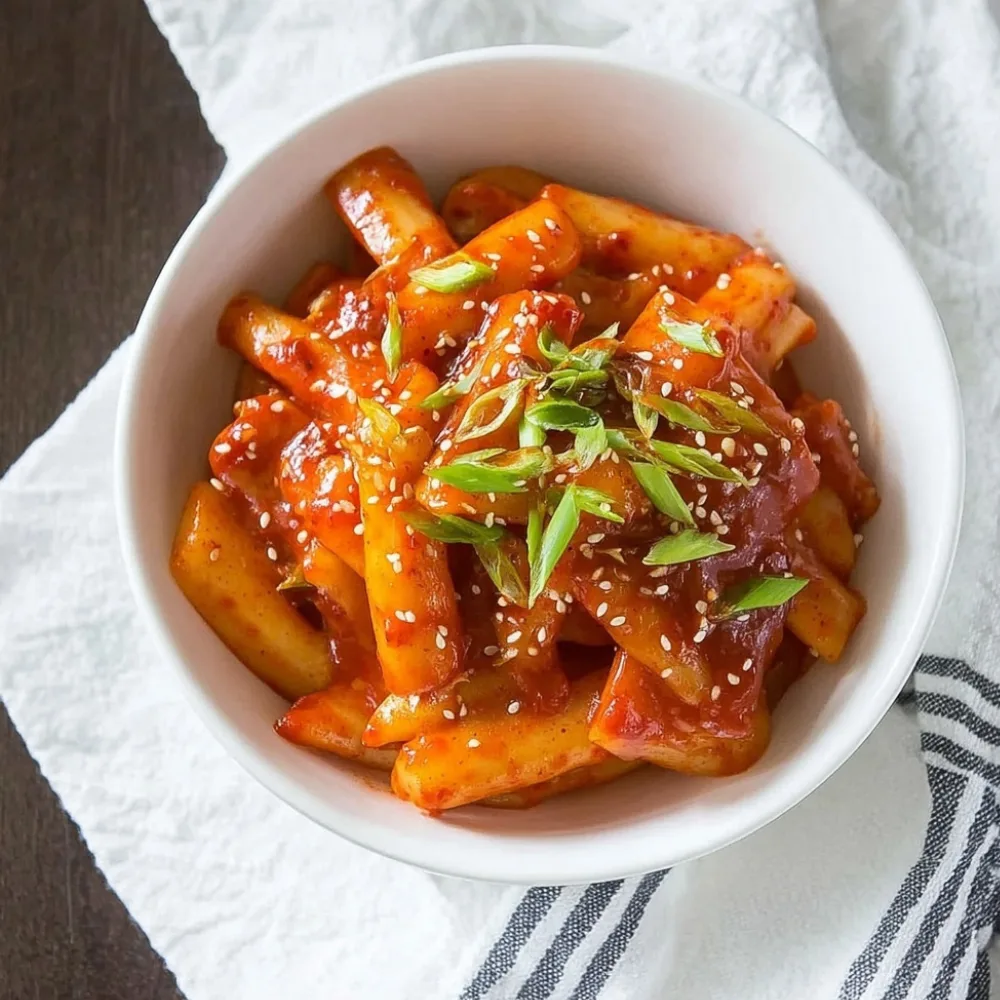 Bowl of Tteokbokki Recipe with spicy red sauce, sesame seeds, and sliced green onions.