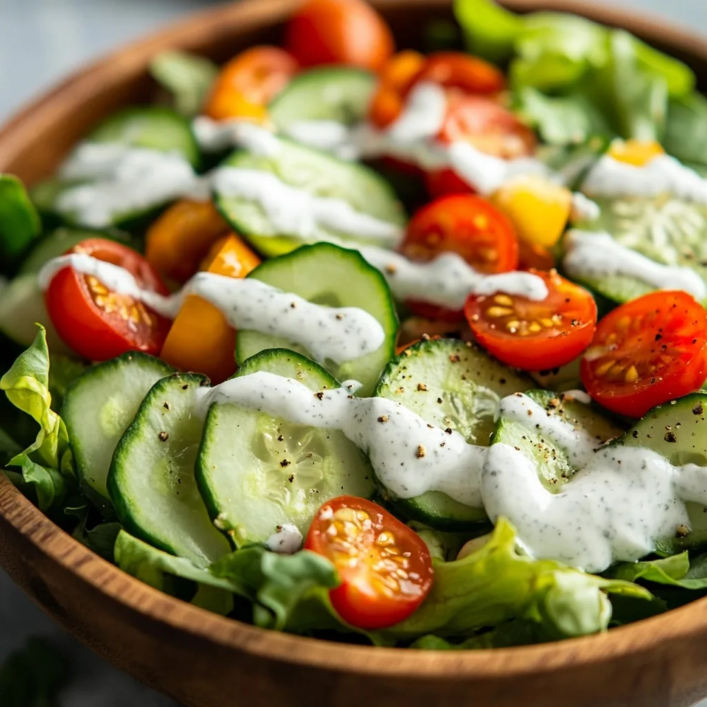 Fresh salad with cucumbers and tomatoes drizzled with dairy-free ranch dressing