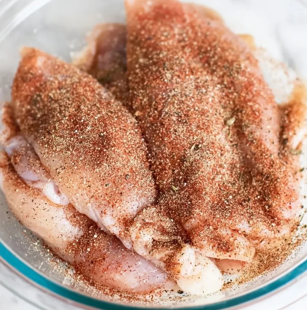 Raw chicken tenders coated in a dry spice rub inside a glass bowl, ready for air frying.
