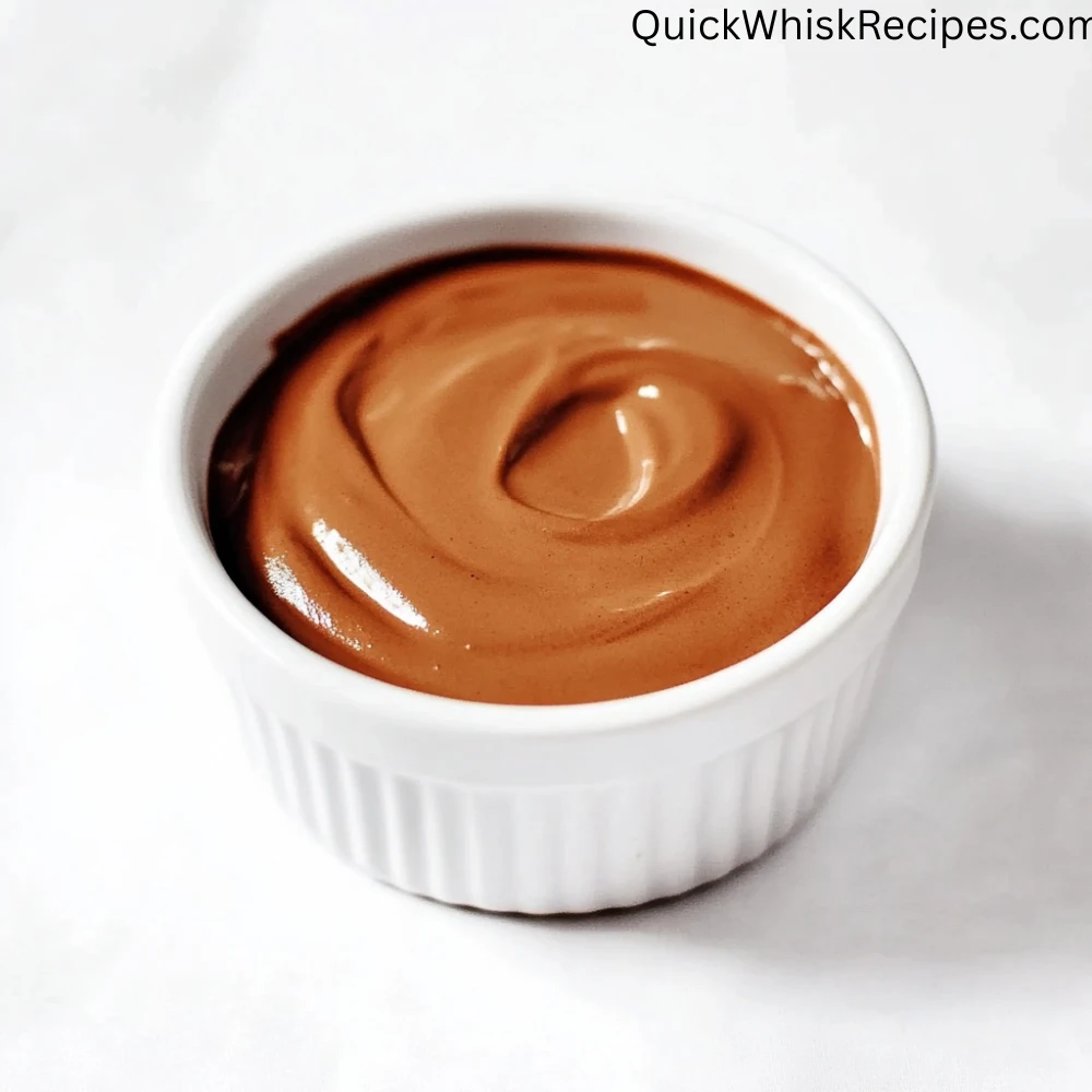 A swirl of creamy chocolate tofu pudding in a white ramekin, placed on a soft white surface.