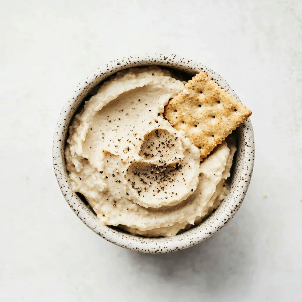A minimalist top-down view of creamy cashew cheese in a ceramic bowl, sprinkled with black pepper on a white surface