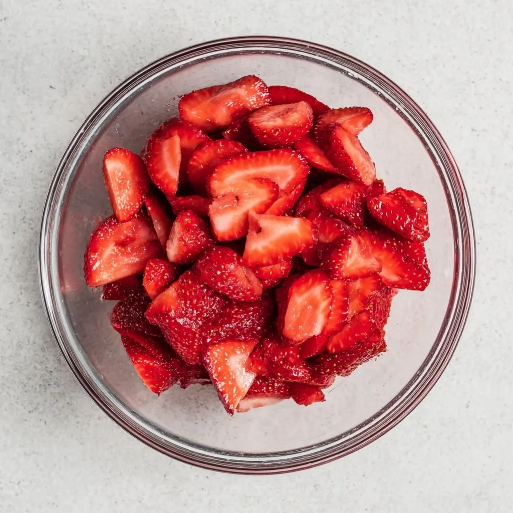 Top-down view of sliced strawberries inside a blender, ready to be blended for a strawberry margarita.