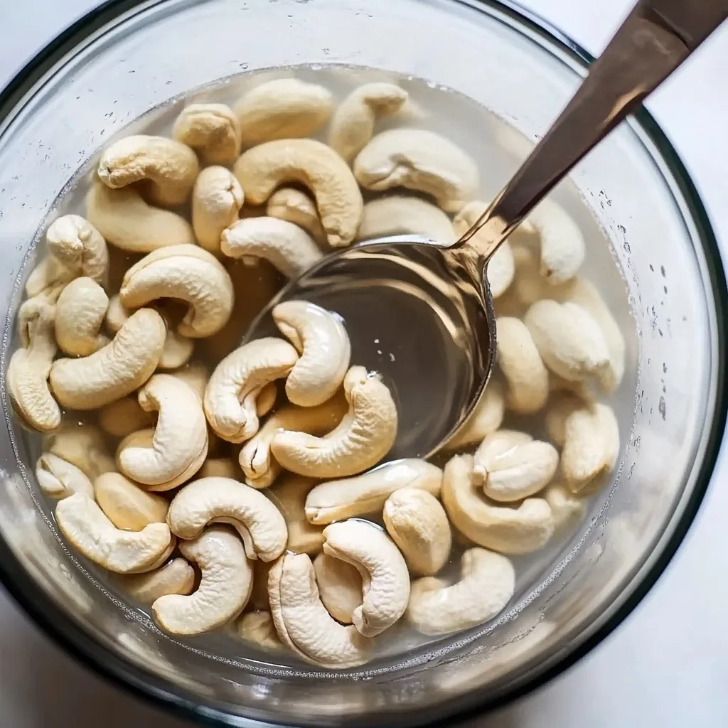 A close-up of raw cashews soaking in water inside a glass bowl with a spoon, prepping for homemade cashew cheese