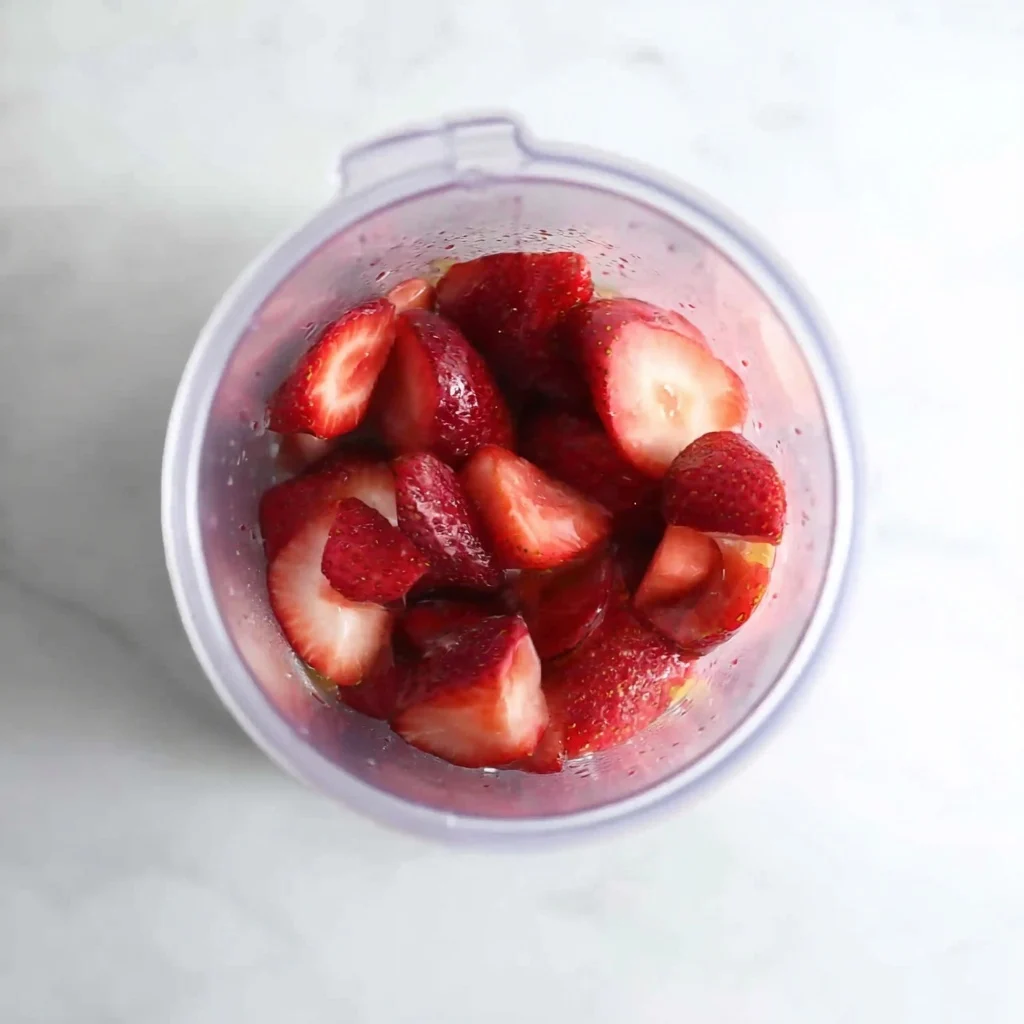 Top-down view of sliced strawberries inside a blender, ready to be blended for a strawberry margarita.