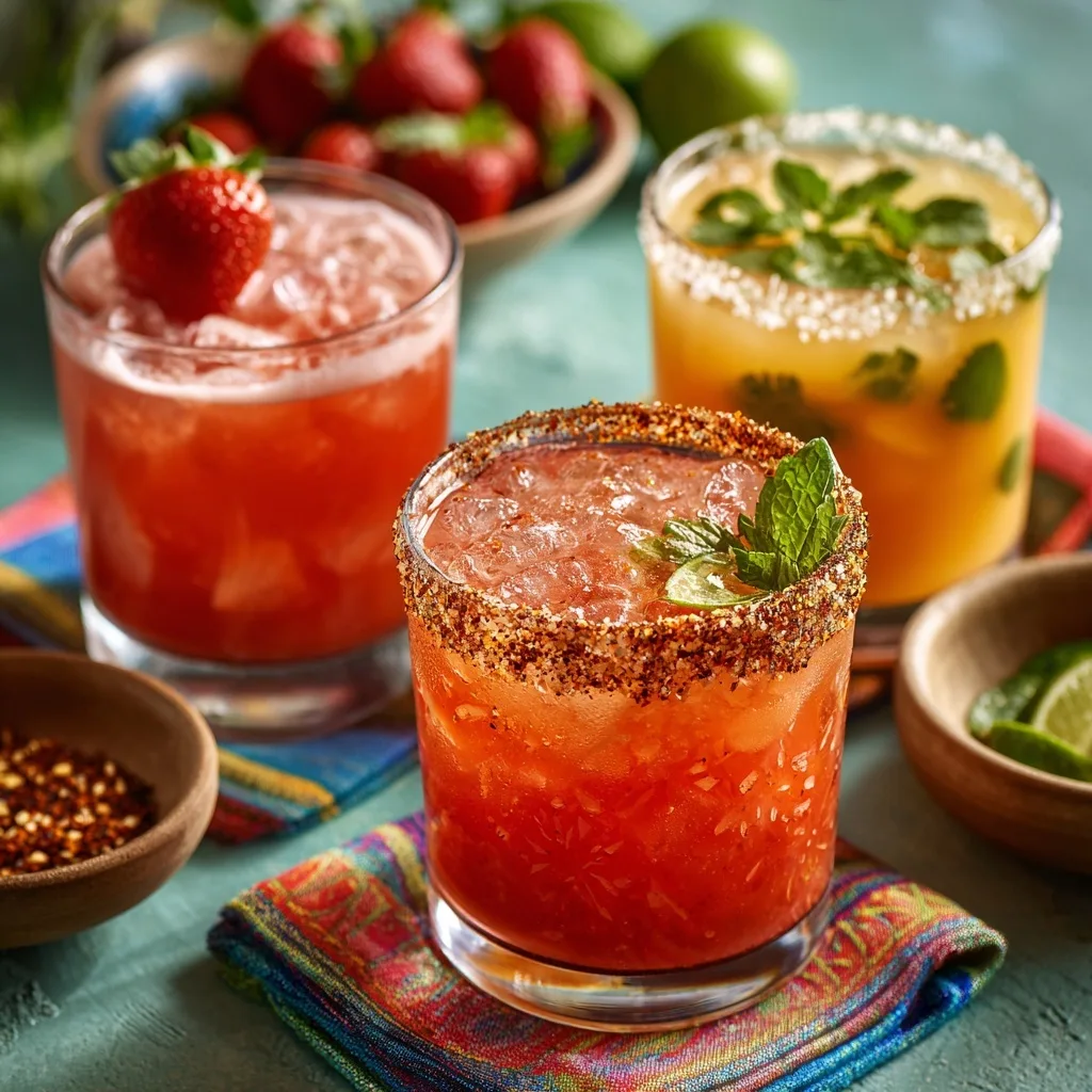 A strawberry margarita on the rocks with a spicy chili-salt rim in the foreground, with two other fresh margaritas and bowls of ingredients behind it.