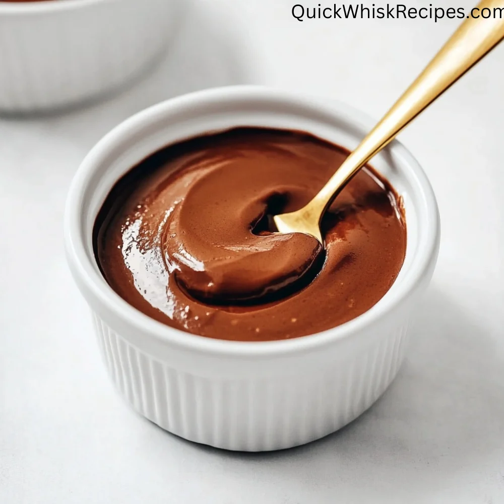 Close-up of a golden spoon scooping creamy chocolate tofu pudding from a white ceramic ramekin.