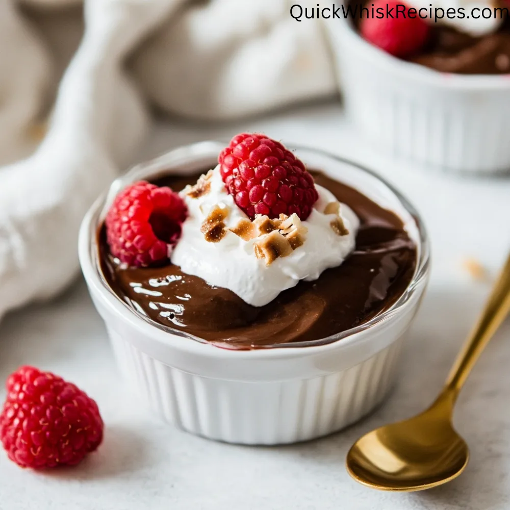 Creamy chocolate tofu pudding in a white ramekin, garnished with whipped cream, fresh raspberries, and chopped nuts, with a gold spoon beside it.