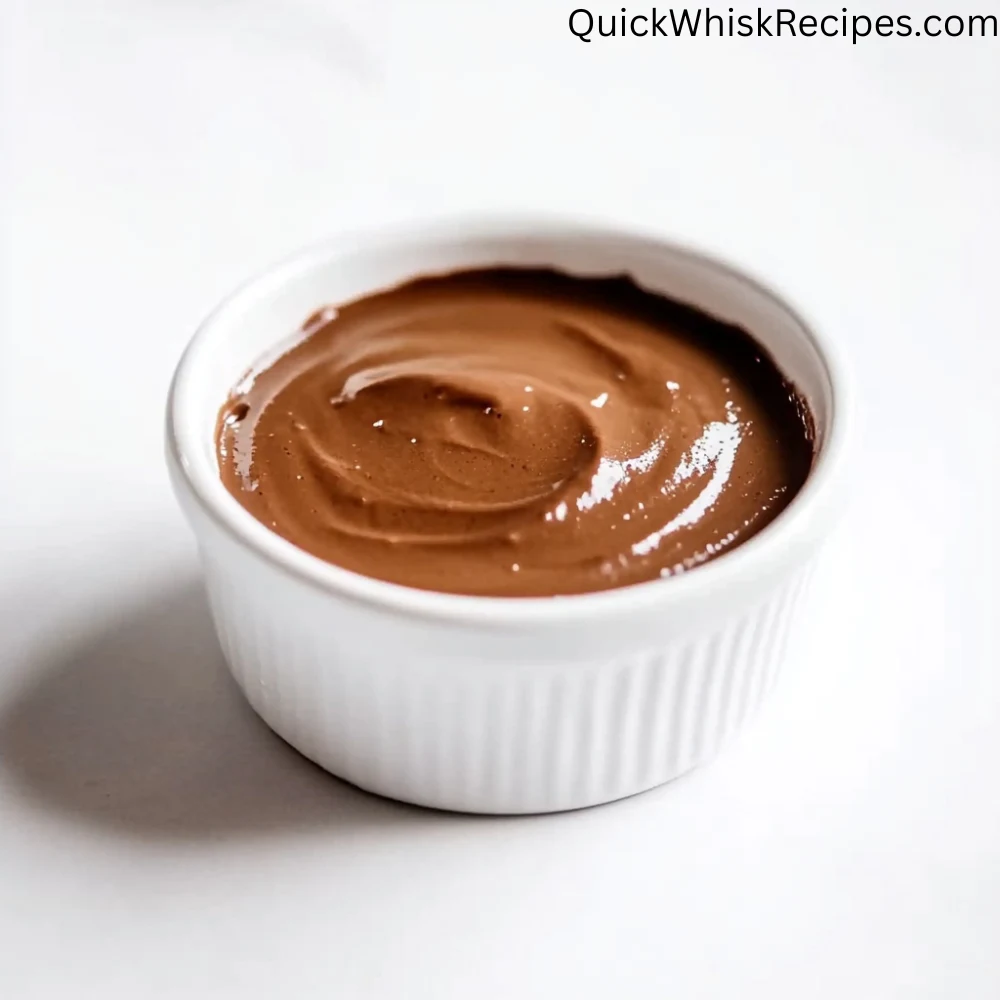 A creamy chocolate tofu pudding in a white ceramic ramekin on a white background.