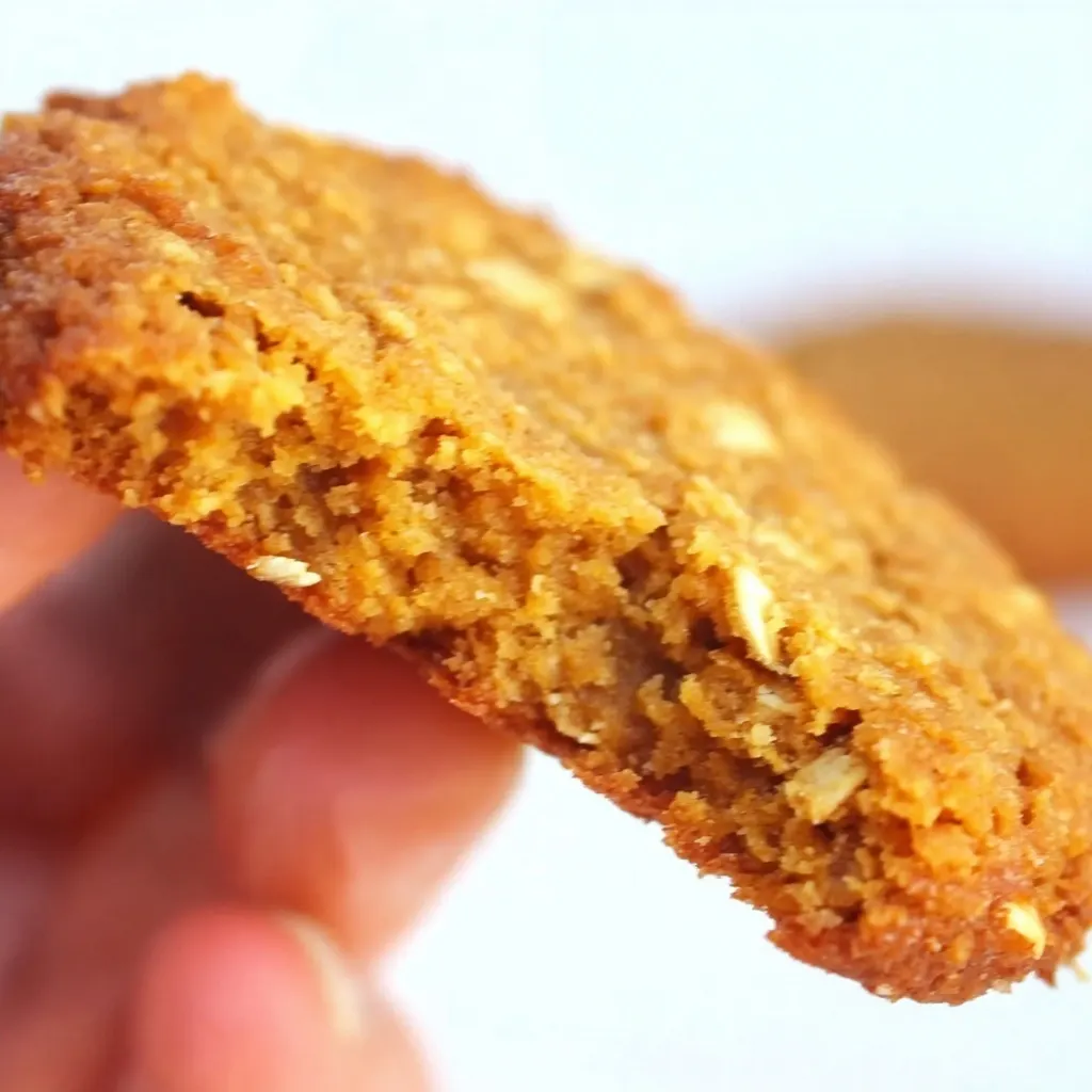 Close-up of a hand holding an Anzac biscuit with a soft, chewy center and golden edges