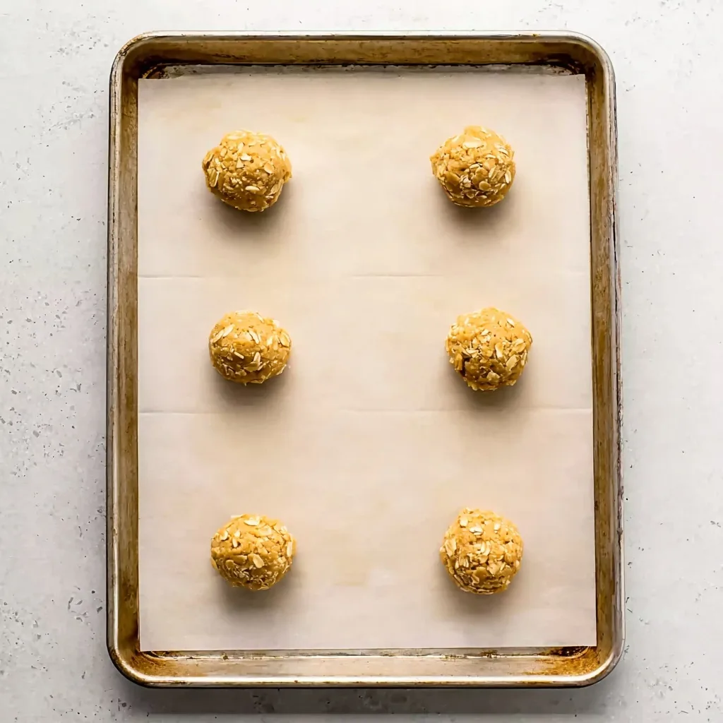 Six balls of Anzac biscuit dough evenly spaced on a parchment-lined baking tray