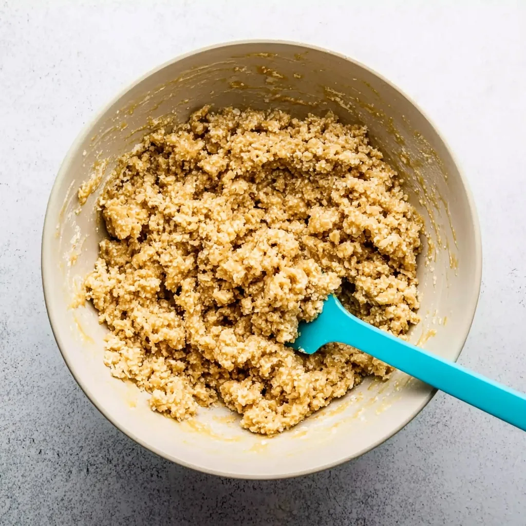 Bowl of freshly mixed Anzac biscuit dough with a blue silicone spatula