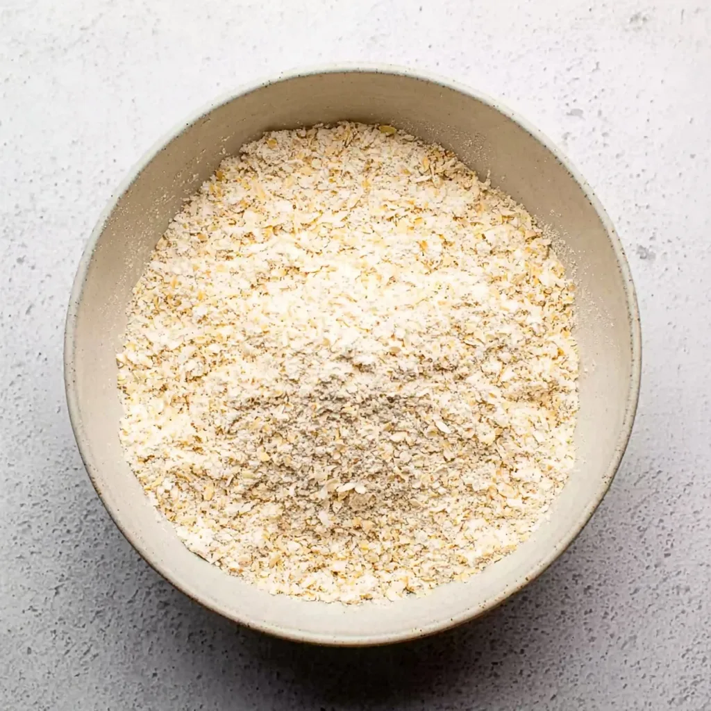 Bowl of dry ingredients mixed for Anzac biscuits, including oats, flour, coconut, and sugar