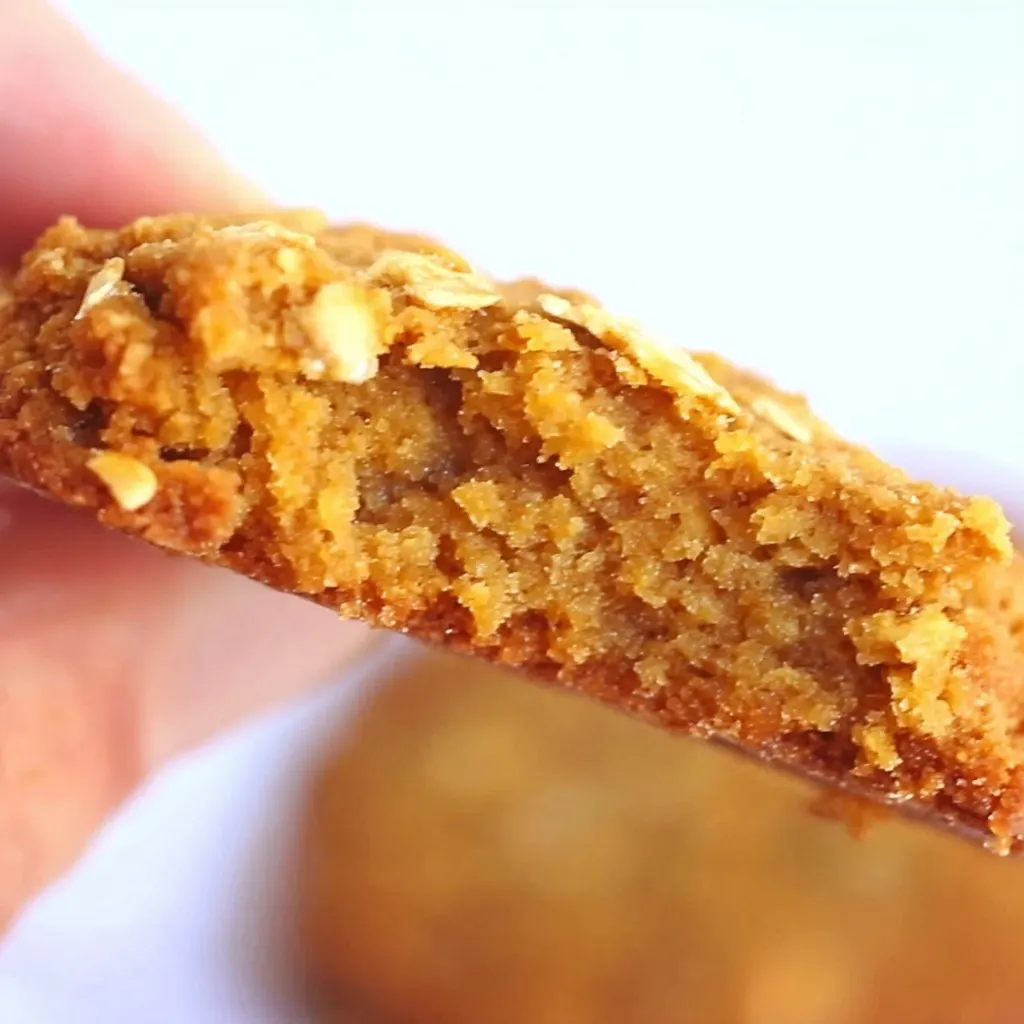 Close-up of a bitten Anzac biscuit showing its soft and chewy golden center