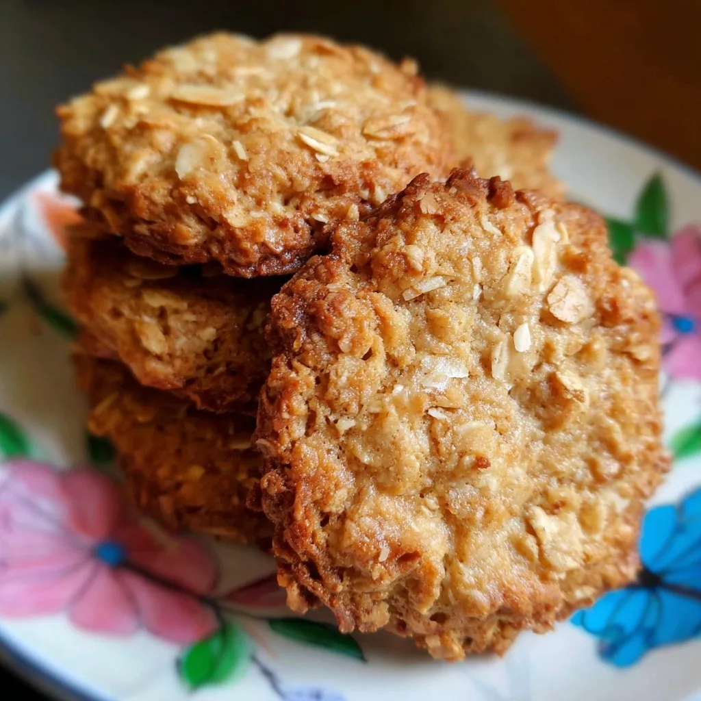 Close-up of golden Anzac biscuits stacked on a floral plate