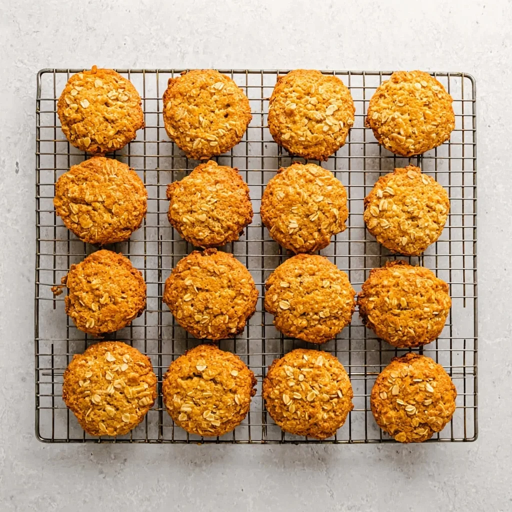 Freshly baked golden Anzac biscuits cooling on a metal wire rack