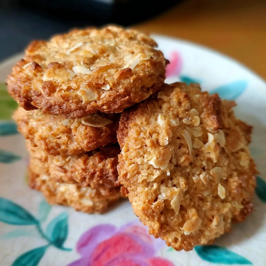 Stack of golden Anzac biscuits on a floral plate