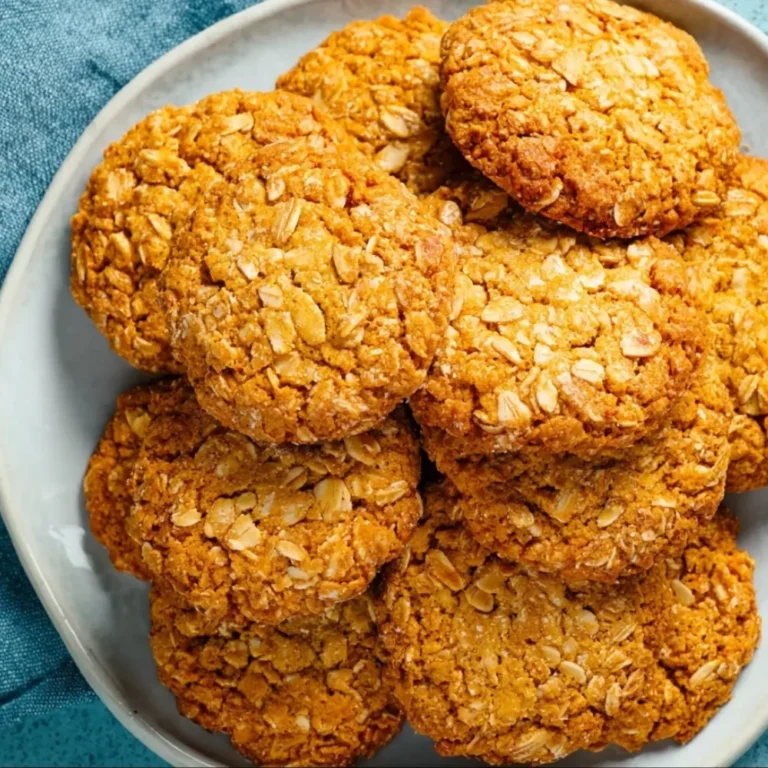 Golden brown Anzac biscuits stacked on a plate, showing crispy oat texture