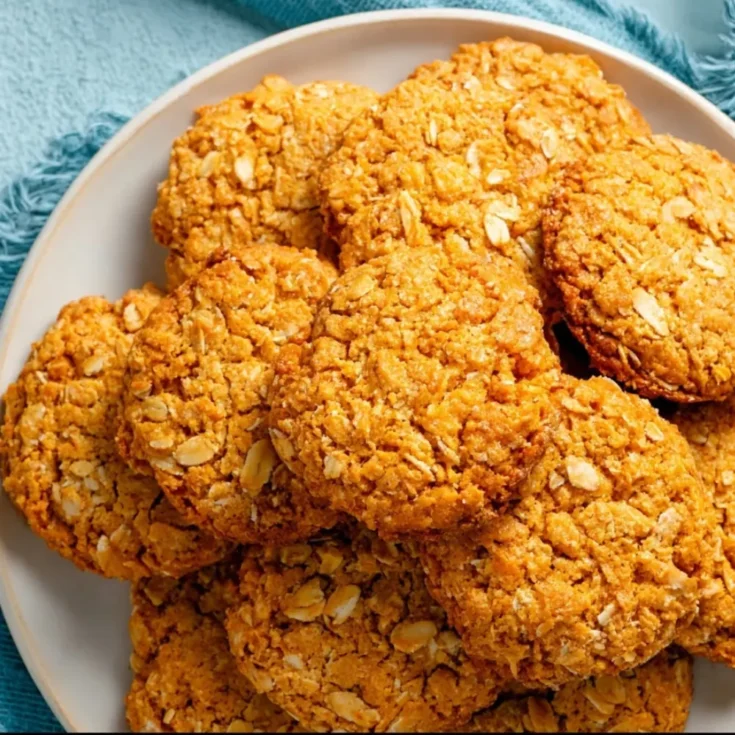Close-up of freshly baked Anzac biscuits stacked on a plate over a blue cloth
