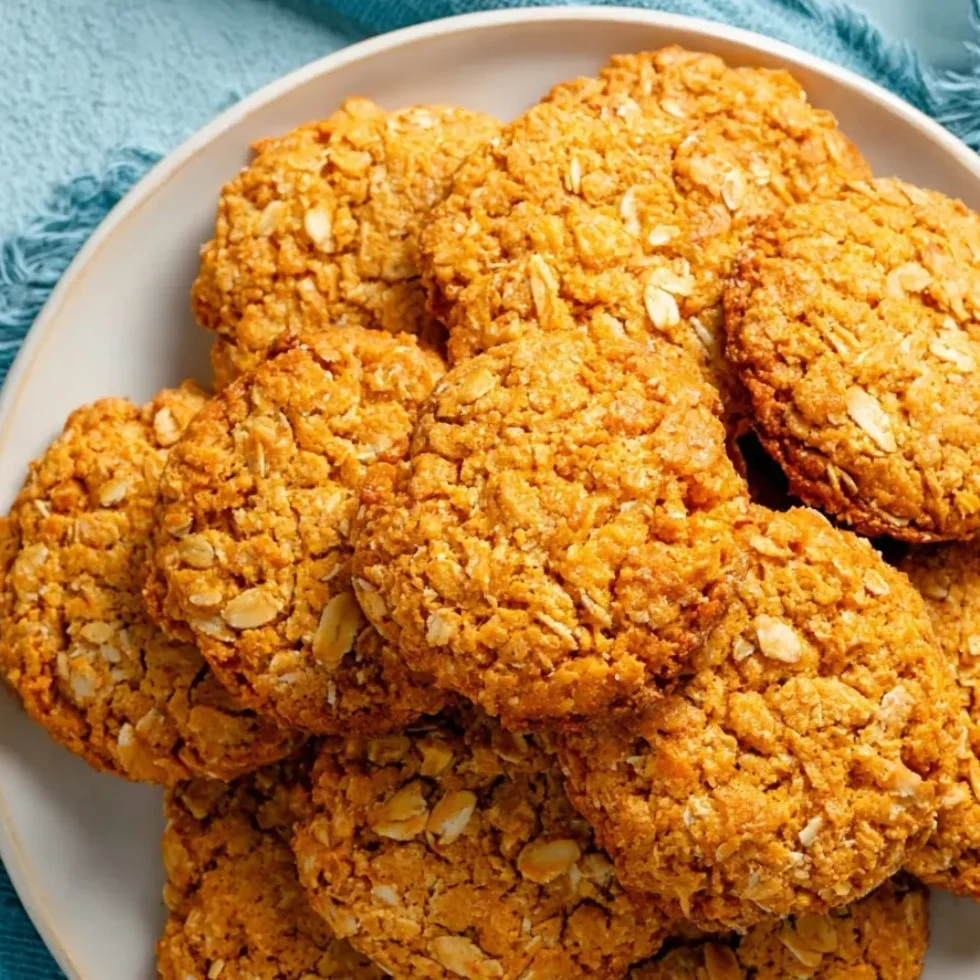 Close-up of freshly baked Anzac biscuits stacked on a plate over a blue cloth