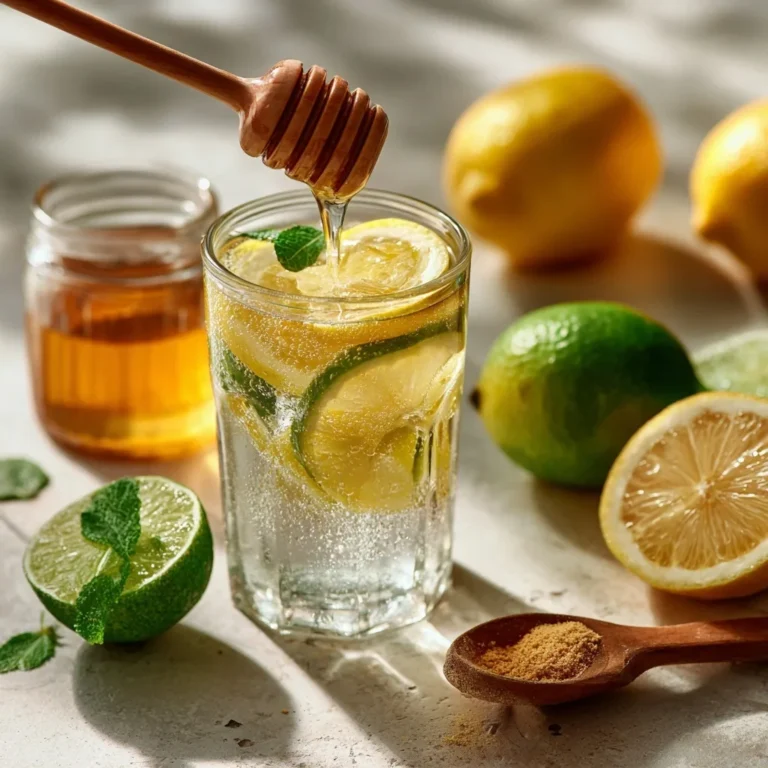 Honey being drizzled into a glass of Brazilian Mounjaro drink with lemon, lime, ginger, and mint on a bright surface
