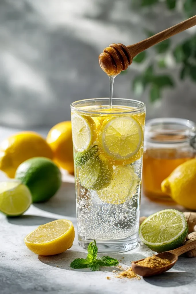 Tall glass of Brazilian Mounjaro drink with lemon, lime, and ginger, being drizzled with honey on a bright surface
