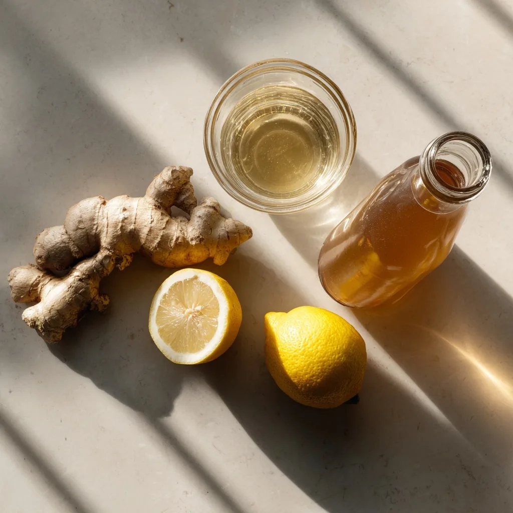 Natural ingredients for Brazilian Mounjaro Recipe: ginger root, lemon, and apple cider vinegar on a sunlit surface