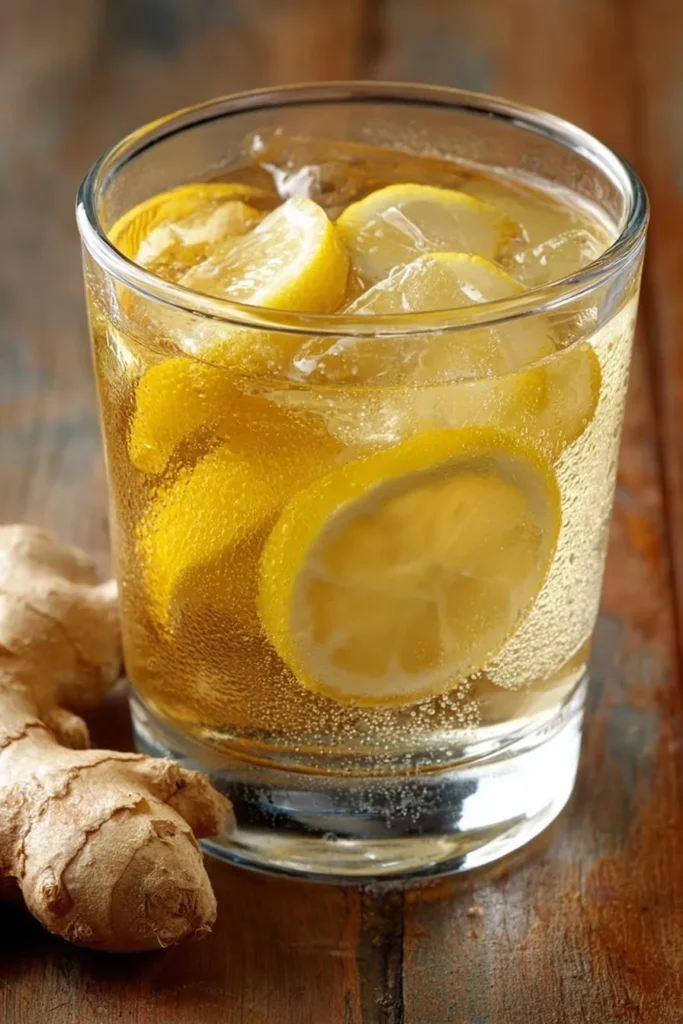 Glass of natural Mounjaro recipe with lemon slices and ginger root on rustic wood