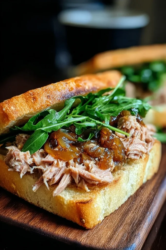Close-up of Buona Beef Tuna Genovese sandwich with flaked tuna, caramelized onions, and arugula on crusty toasted bread