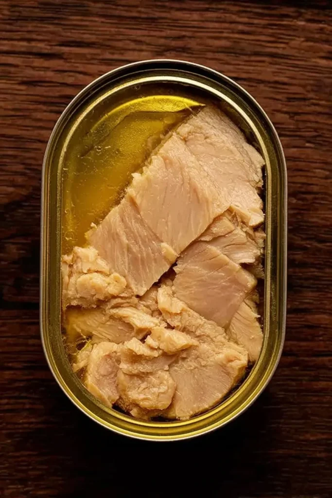 Canned tuna in olive oil in an open tin on a dark wooden table