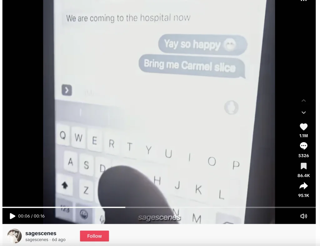 Screenshot from TikTok video by @sagescenes showing a text message reading 'Bring me caramel slice' that sparked the viral caramel slice incident trend.