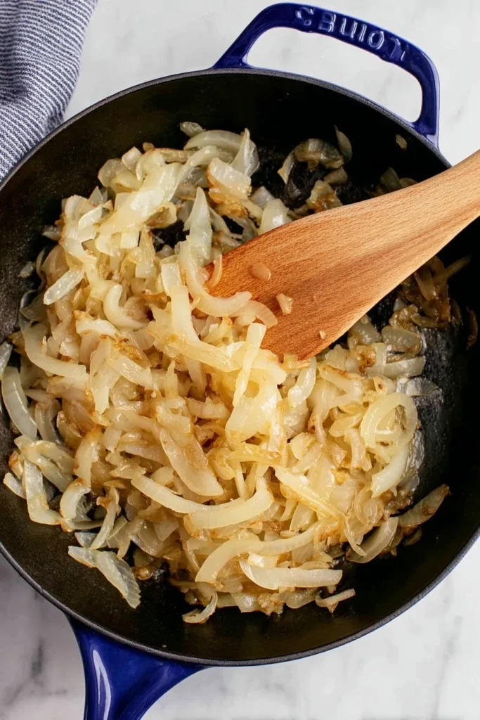 Lightly caramelized onions in a cast iron skillet with a wooden spoon