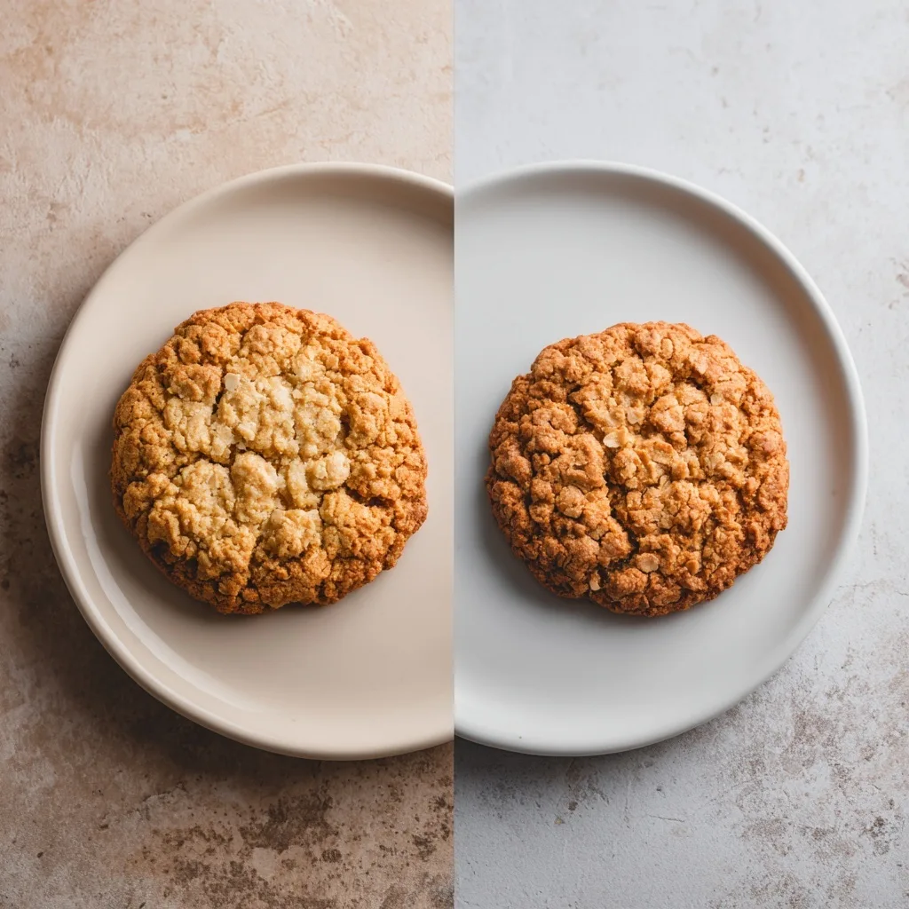 Side-by-side comparison of two Anzac biscuits on white plates — the left is chewy with a soft center, the right is crispy with a cracked top