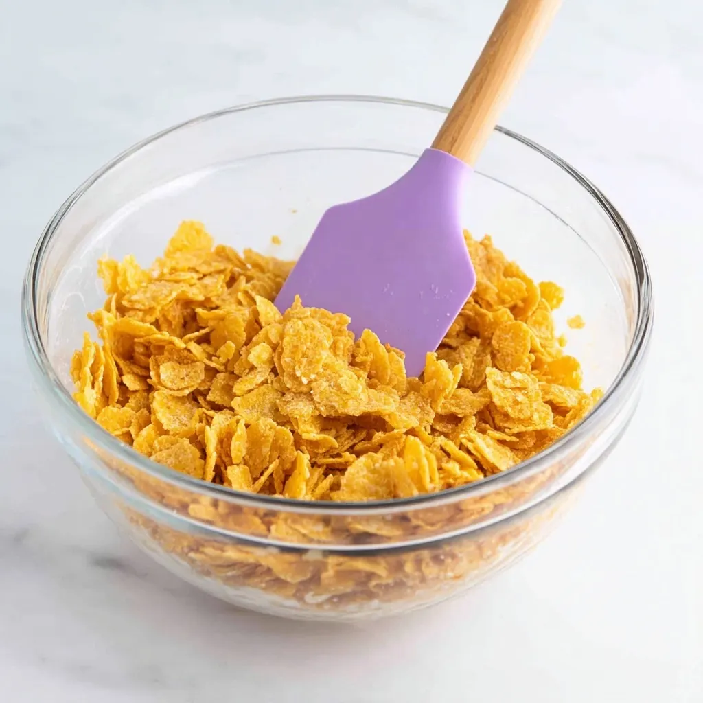 Cornflakes being gently mixed in a glass bowl with a purple spatula, preparation step for Honey Joys.