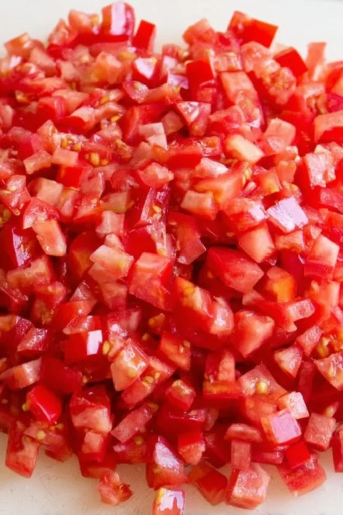 Close-up of freshly diced tomatoes on a cutting board for homemade relish