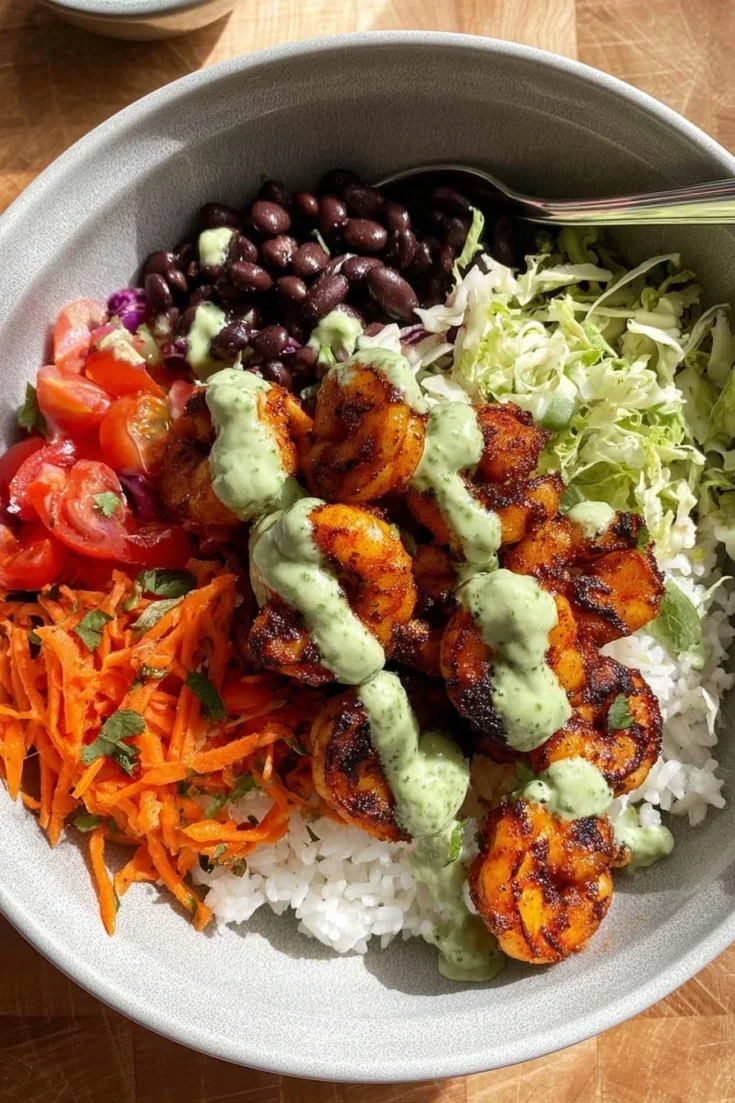 Final spicy shrimp bowl topped with creamy green sauce, served with black beans, shredded lettuce, cherry tomatoes, shredded carrots, and white rice in a grey bowl