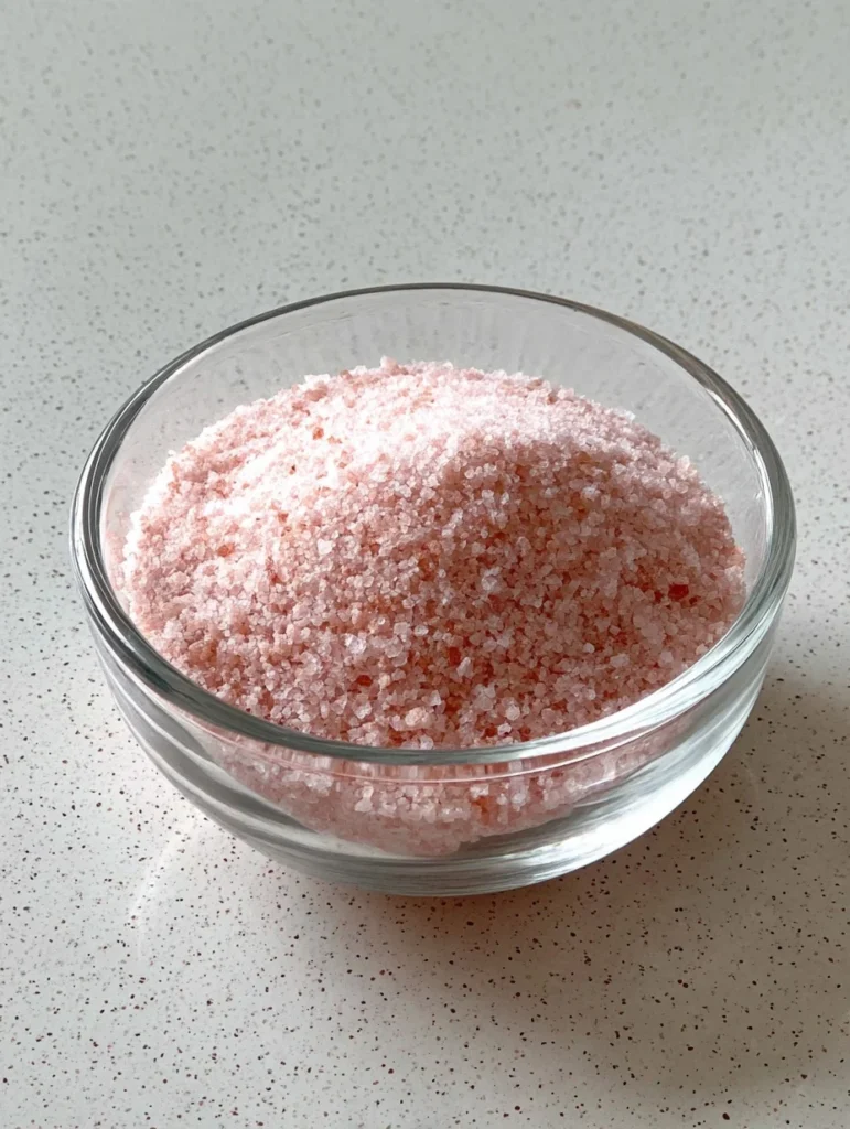 Small glass bowl filled with fine pink Himalayan salt on a light speckled surface