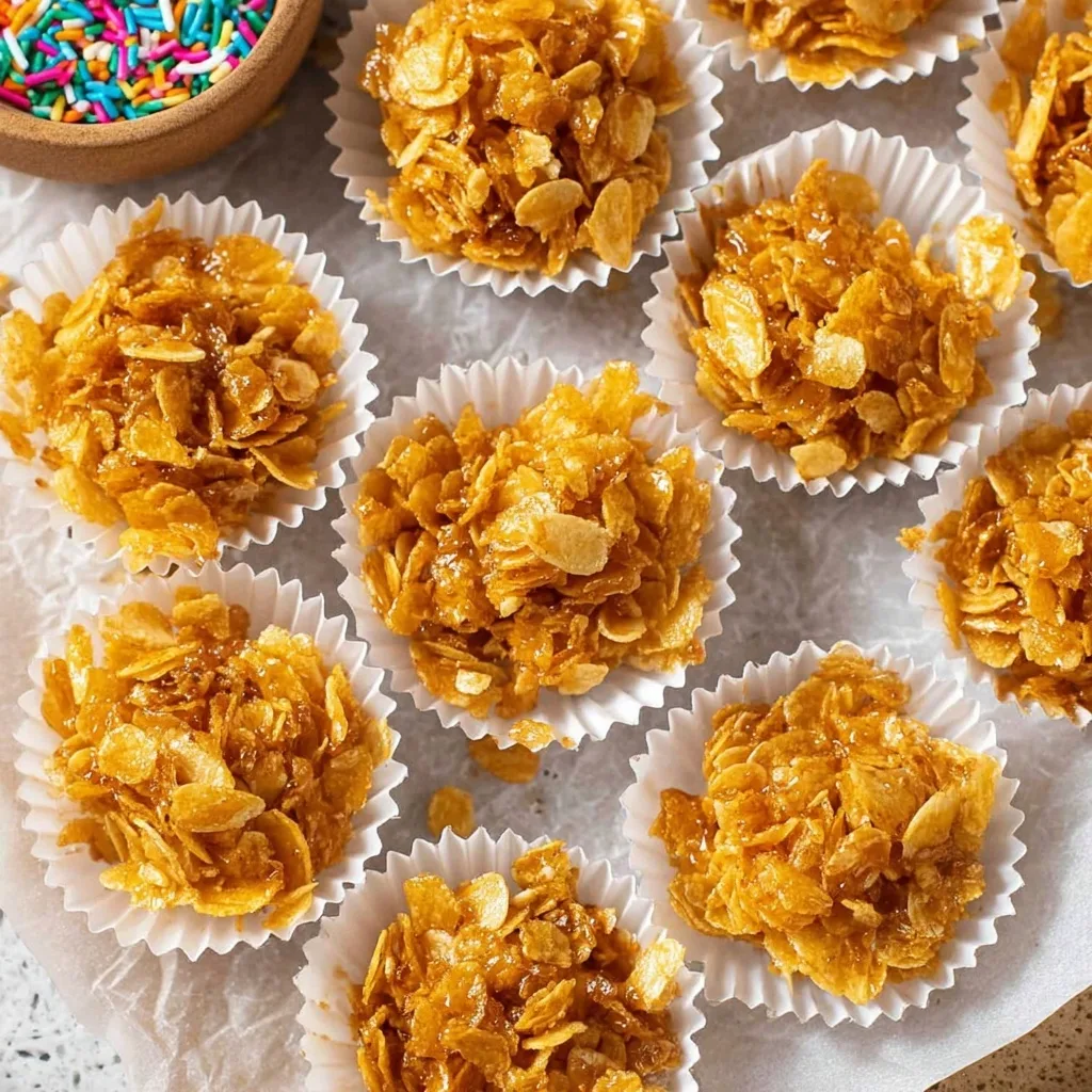Golden Honey Joys served in white paper cupcake liners, ready to enjoy, with colorful sprinkles in the background.