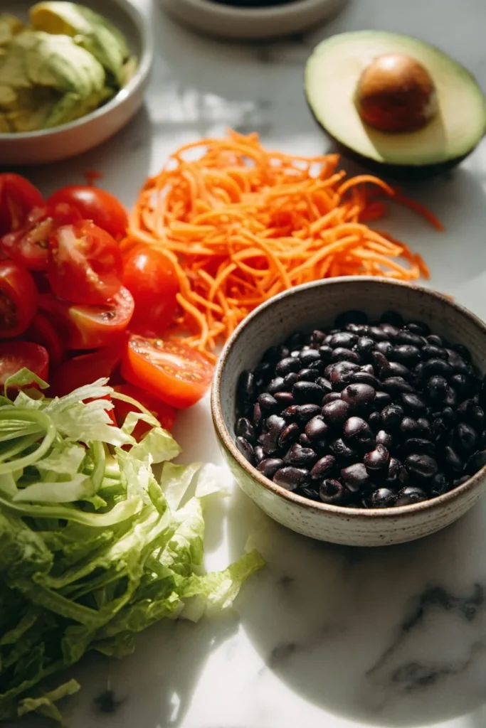 Close-up of black beans in a ceramic bowl surrounded by shredded lettuce, cherry tomatoes, spiralized carrots, and halved avocado on a marble surface