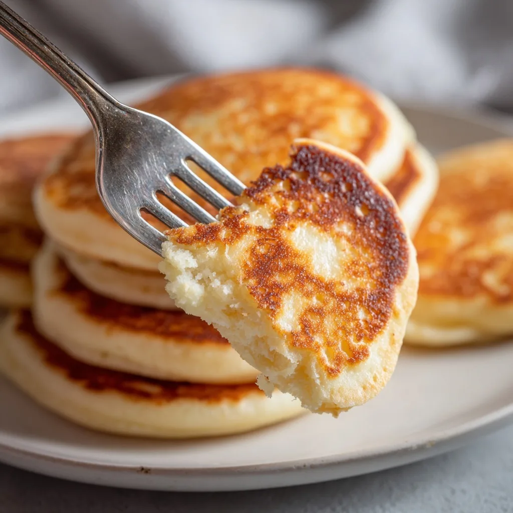 Close-up of a fluffy golden pikelet on a fork, showing its soft interior and crispy golden edge, with more pikelets stacked in the background.