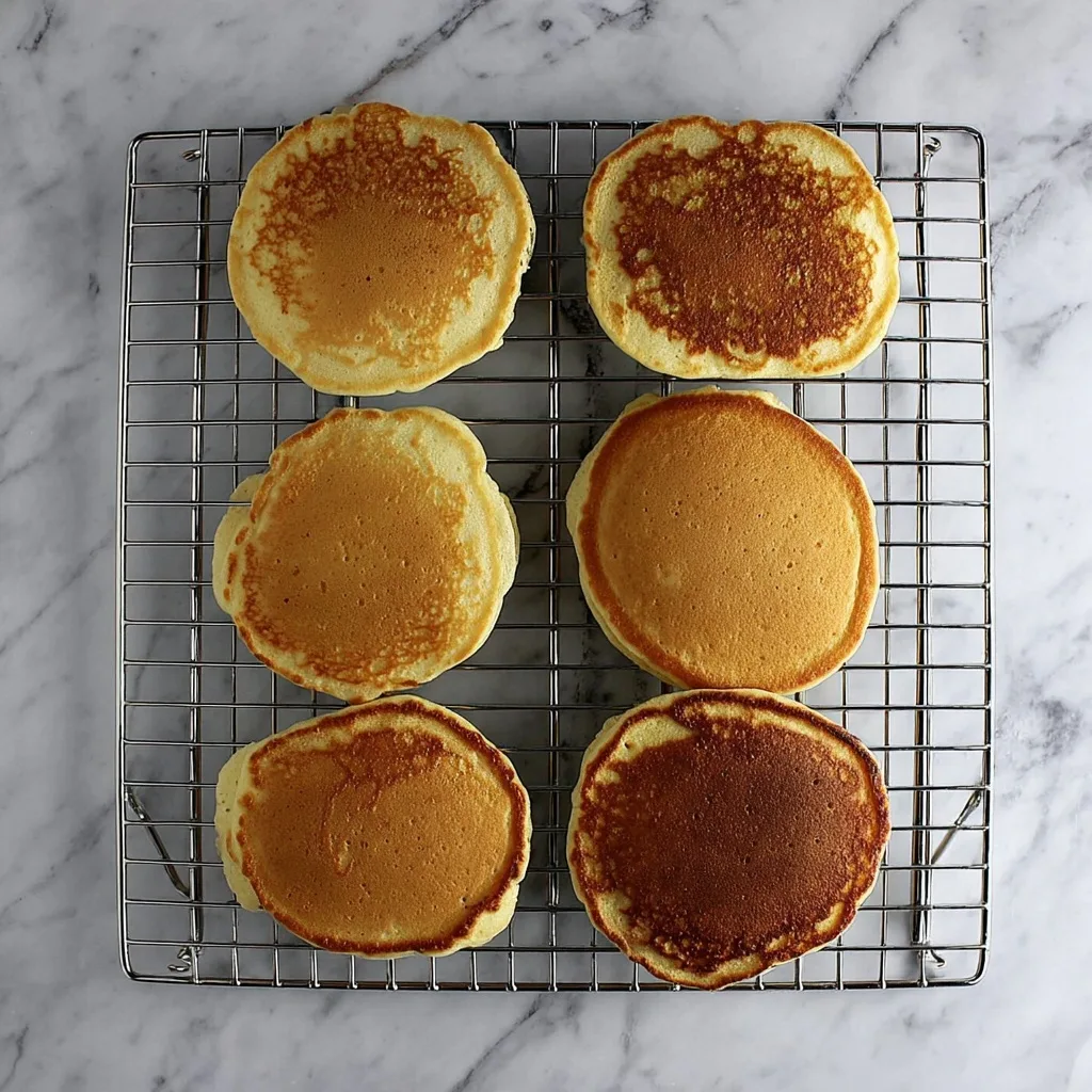 Six golden brown pikelets resting on a wire cooling rack over a marble countertop.