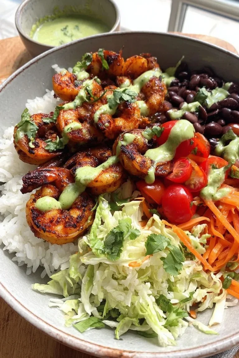 Grilled spicy shrimp bowl served with black beans, cherry tomatoes, shredded carrots, rice, and cabbage slaw, topped with creamy green sauce