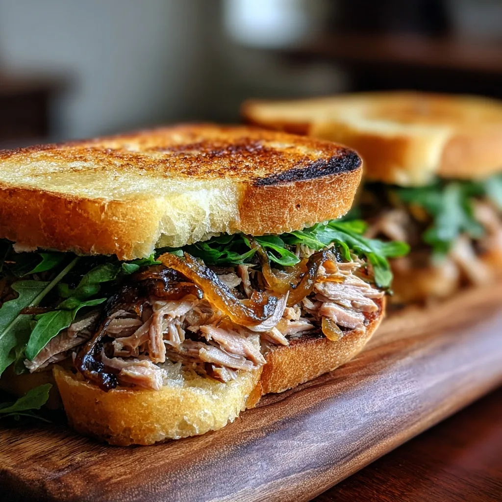 Toasted tuna Genovese sandwich with caramelized onions and arugula on wooden board