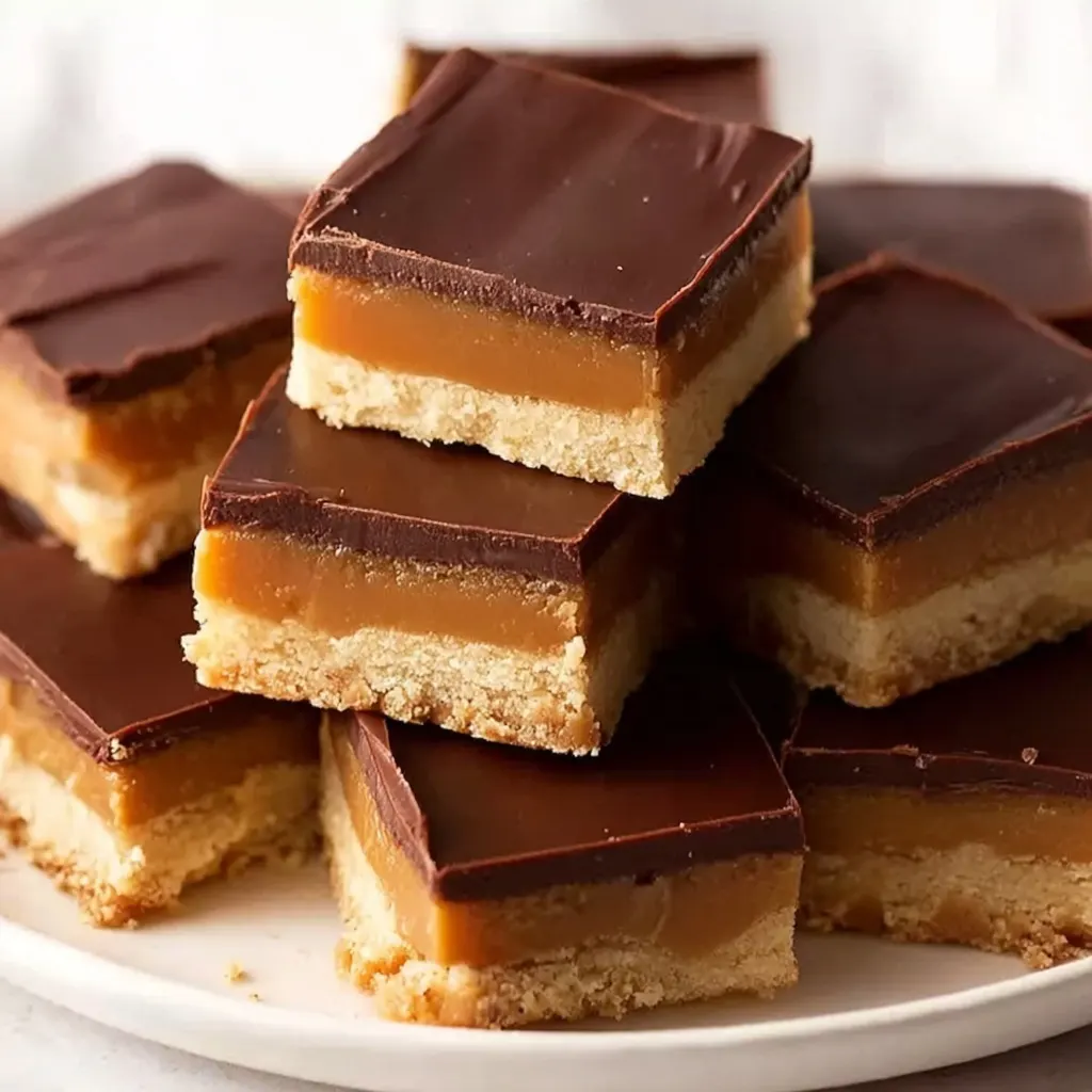 Close-up of homemade caramel slice with a shortbread base, golden caramel center, and smooth chocolate topping stacked on a white plate.