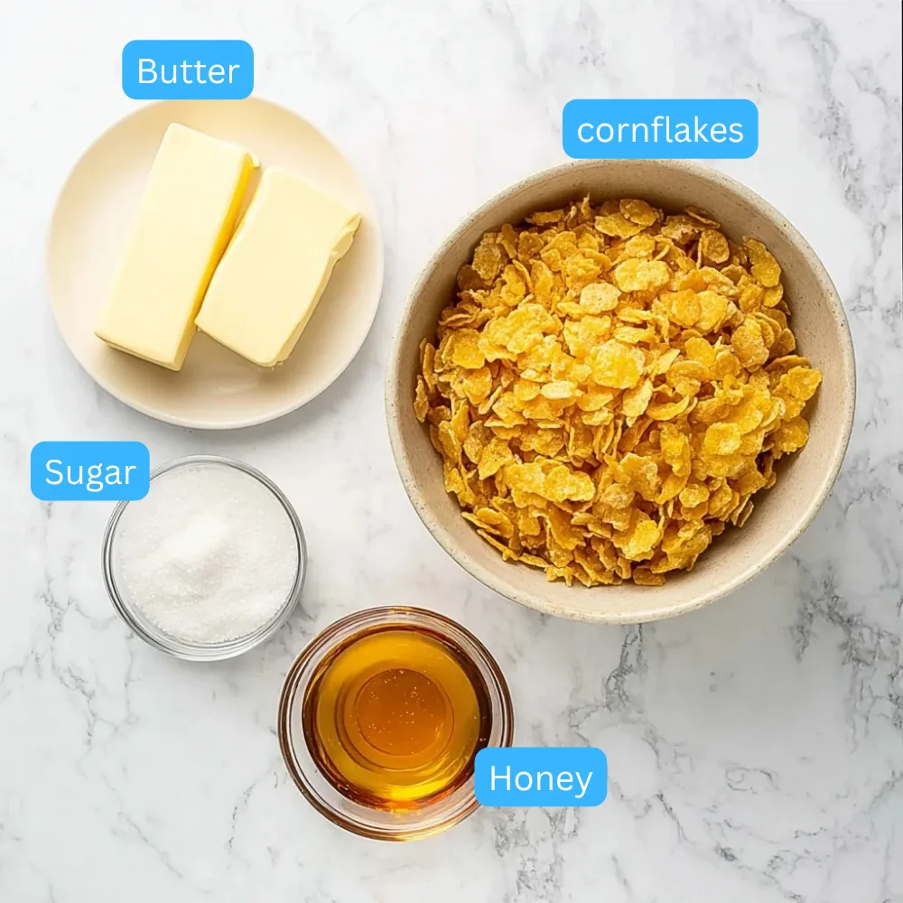 Ingredients for Honey Joys recipe including cornflakes, butter, sugar, and honey arranged on a marble countertop.