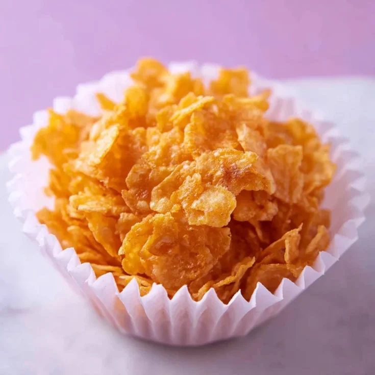 Side view of a Honey Joy cornflake treat in a white cupcake liner on marble with a pink background.