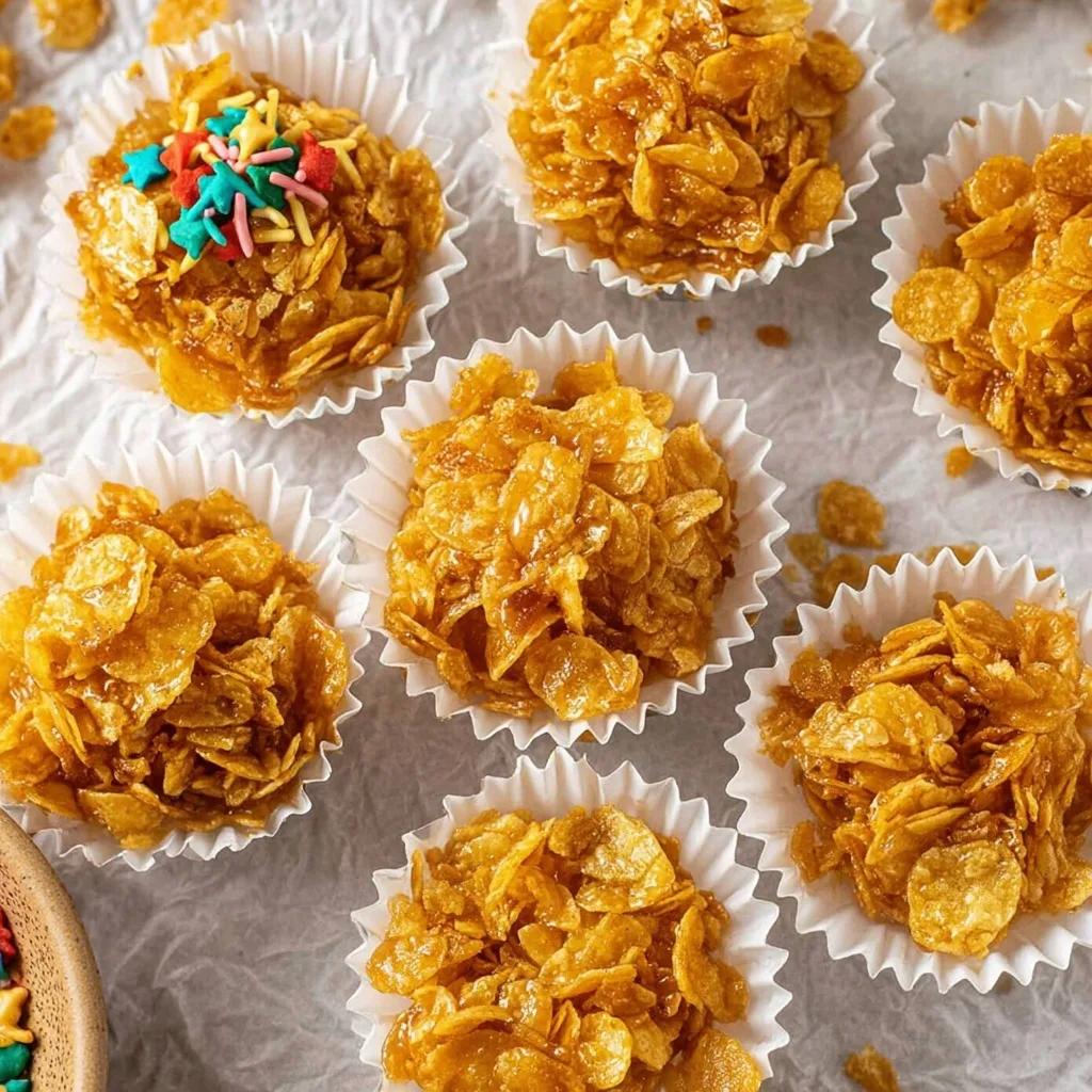 Honey Joys in white paper liners, some topped with colorful star-shaped sprinkles, displayed on parchment paper.