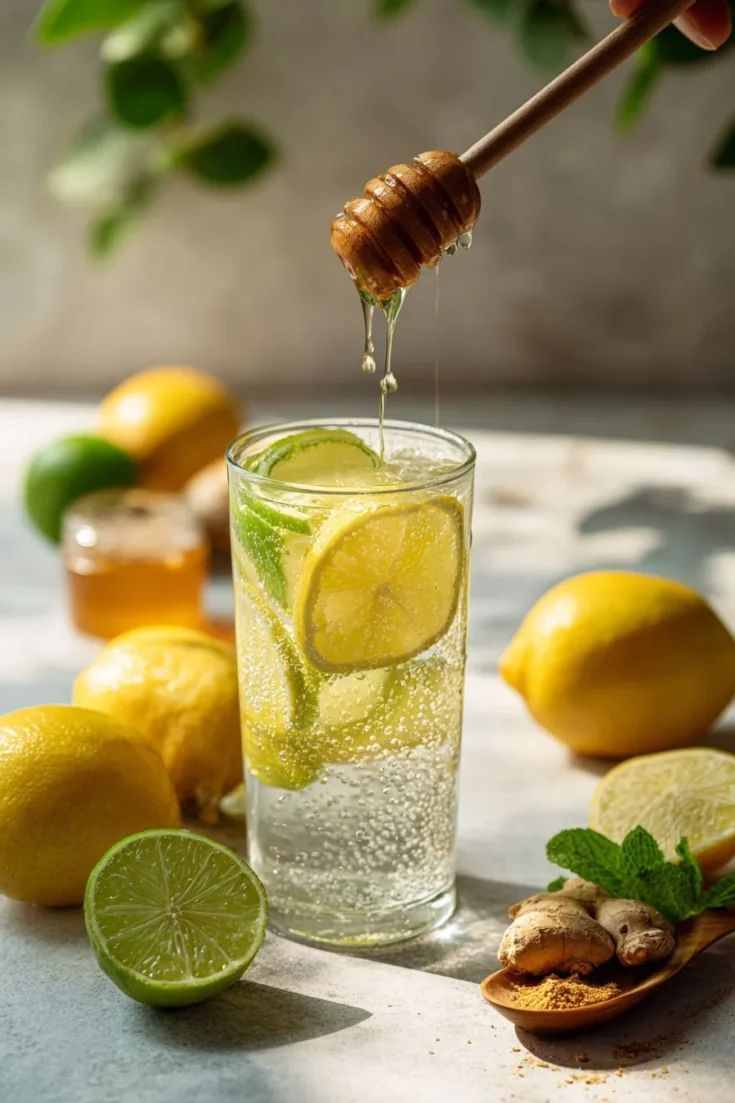 Honey being drizzled into a glass of lemon, lime, and ginger drink with fresh ingredients in the background