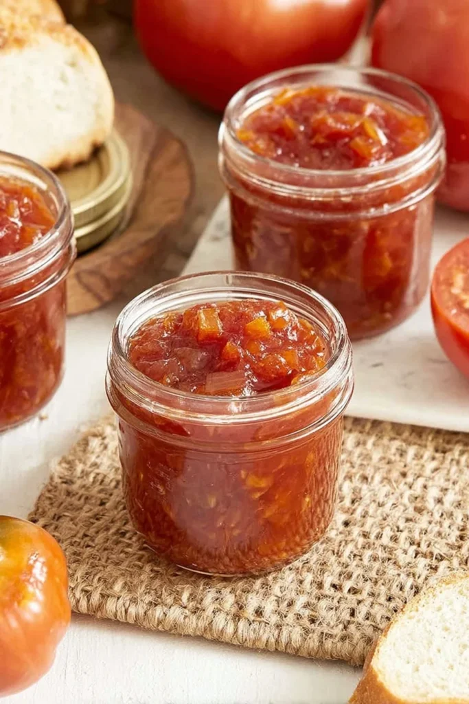Glass jars filled with homemade tomato relish on a rustic table with fresh tomatoes in the background