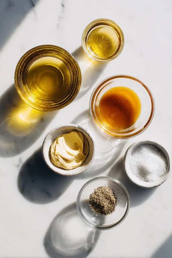 Dressing ingredients for kale salad with berries including olive oil, vinegar, mustard, and seasonings